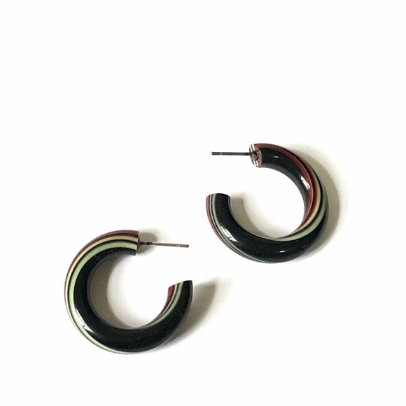 Black Stripe Vintage Lucite Tube Hoop Earrings - Picture 1 of 8